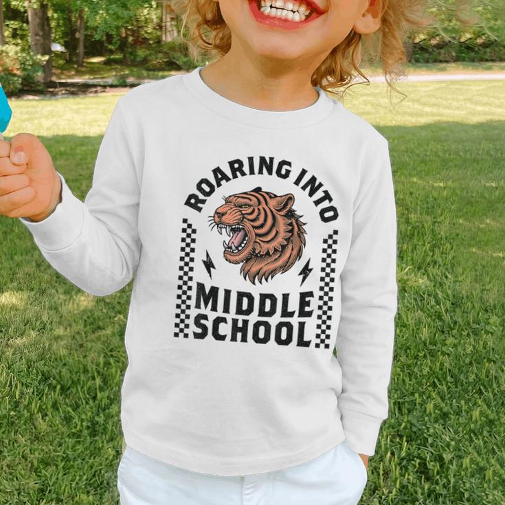 Roaring Into Middle School Tiger Back To School Boy Girl Kid Graphic Toddler Long Sleeve Tee Roaring Into Middle School Tiger Back To School Boy Girl Kid Graphic Toddler Long Sleeve Tee