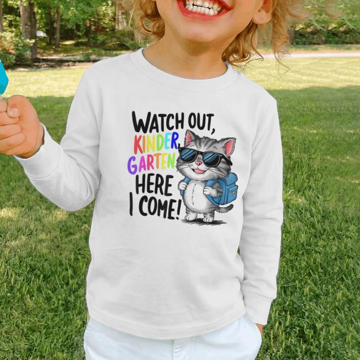 Watch Out Kindergarten Here I Come Cute Cat Back To School Graphic Toddler Long Sleeve Tee