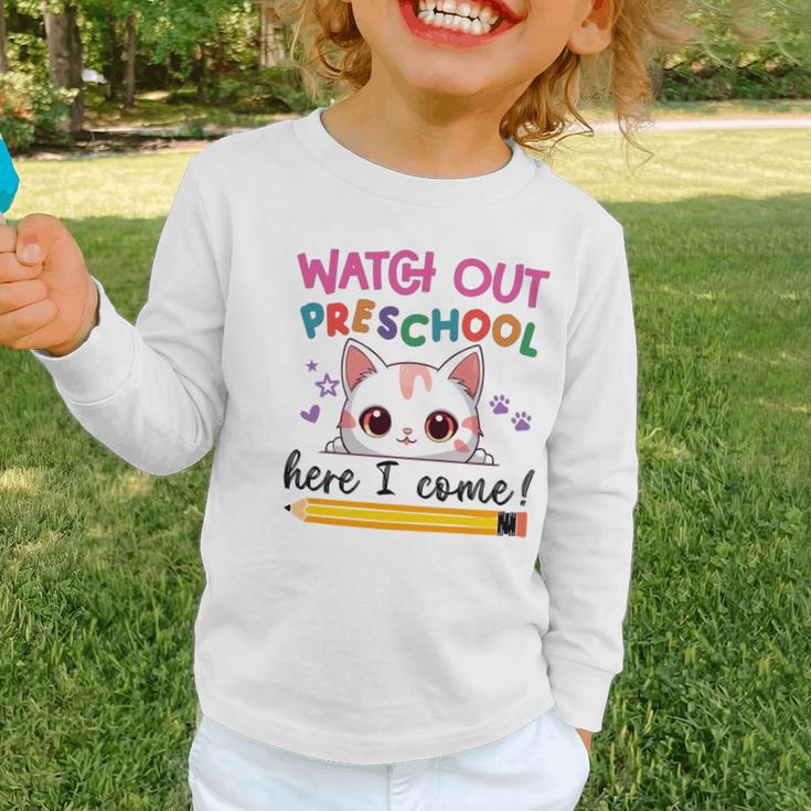 Watch Out Preschool Here I Come Girls Back To School Performance Graphic Toddler Long Sleeve Tee Watch Out Preschool Here I Come Girls Back To School Performance Graphic Toddler Long Sleeve Tee