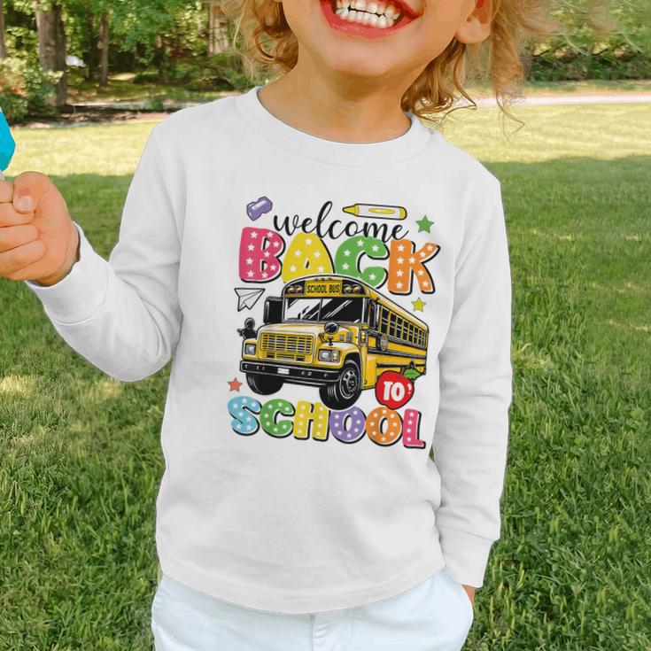 Welcome Back To School Bus Happy First Day Of School Student Graphic Toddler Long Sleeve Tee Welcome Back To School Bus Happy First Day Of School Student Graphic Toddler Long Sleeve Tee