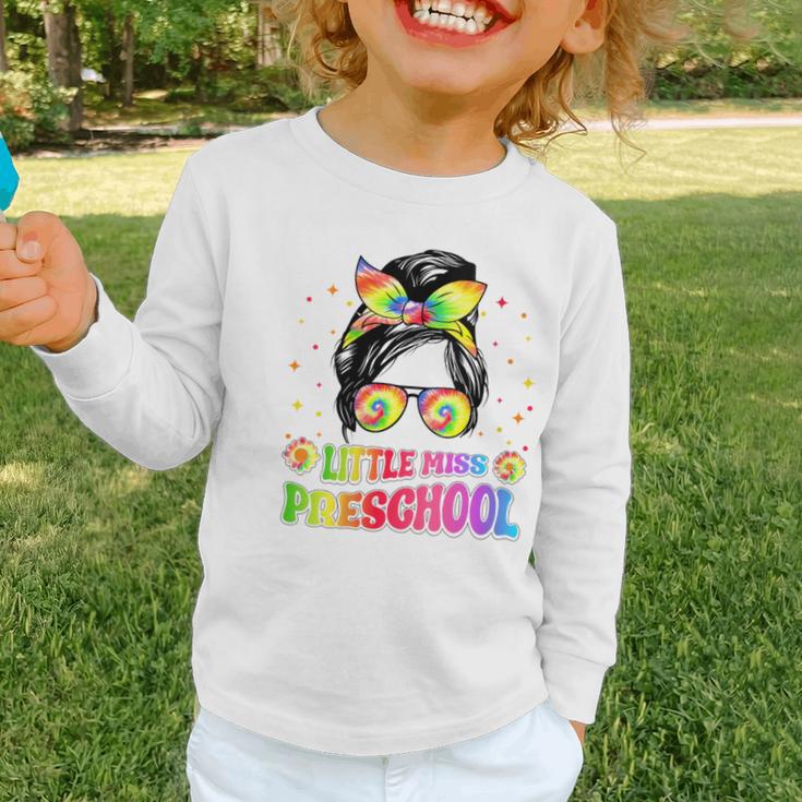Women's Little Miss Preschool Messy Bun Tie Dye Back To School Girls Graphic Toddler Long Sleeve Tee Women's Little Miss Preschool Messy Bun Tie Dye Back To School Girls Graphic Toddler Long Sleeve Tee