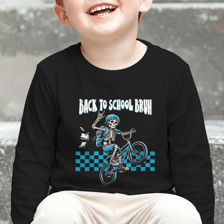 Back To School Bruh Boy Skeleton Riding On a BMX Bike Graphic Toddler Long Sleeve Tee