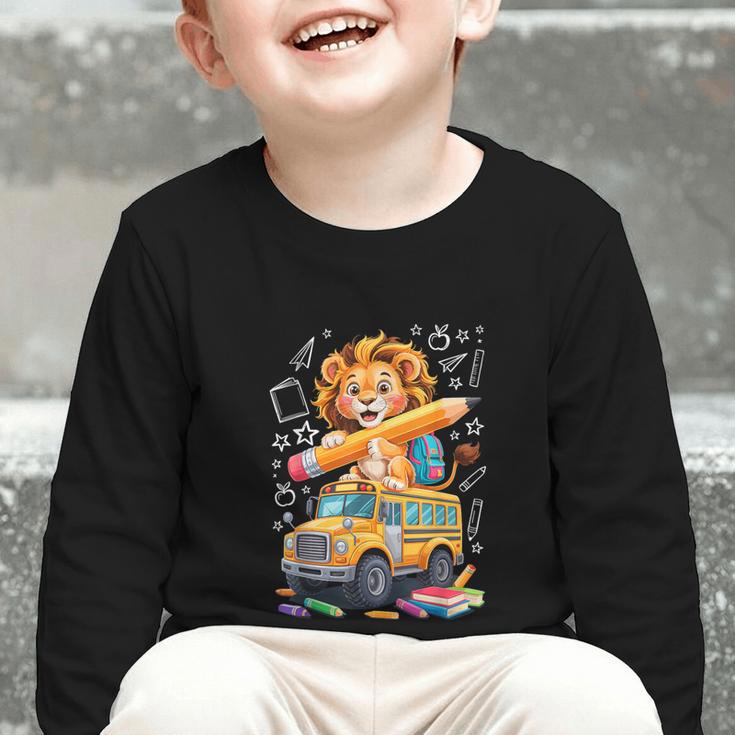 Back To School Lion School Bus 100 Days Of School Graphic Toddler Long Sleeve Tee