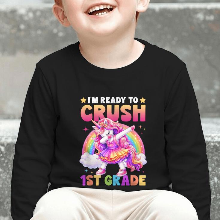 Back To School Unicorn Girls I'm Ready To Crush 1st Grade Graphic Toddler Long Sleeve Tee Back To School Unicorn Girls I'm Ready To Crush 1st Grade Graphic Toddler Long Sleeve Tee