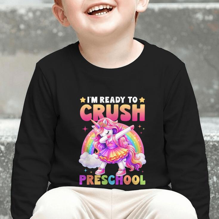 Back To School Unicorn Girls I'm Ready To Crush Preschool Graphic Toddler Long Sleeve Tee