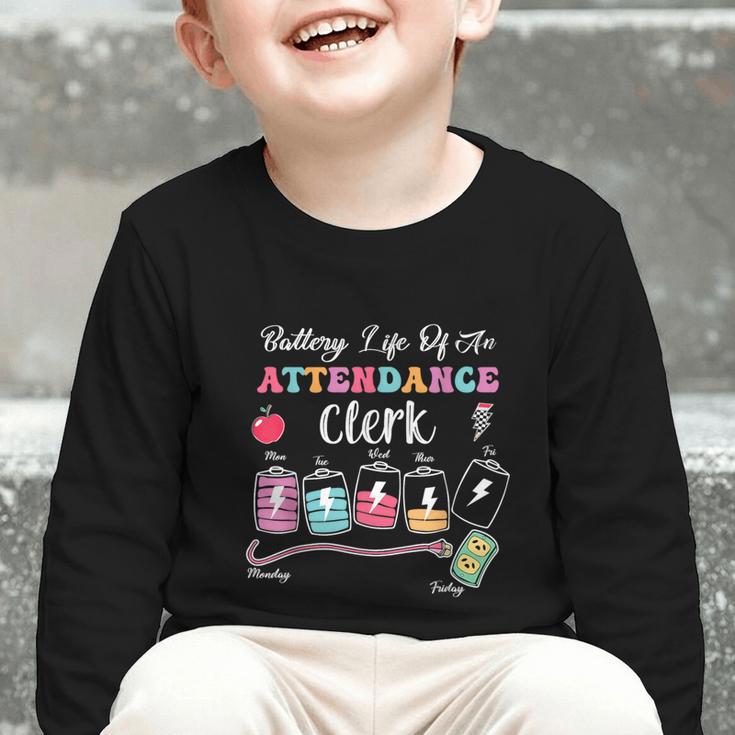 Battery Life Of An Attendance Clerk Back To School Graphic Toddler Long Sleeve Tee Battery Life Of An Attendance Clerk Back To School Graphic Toddler Long Sleeve Tee