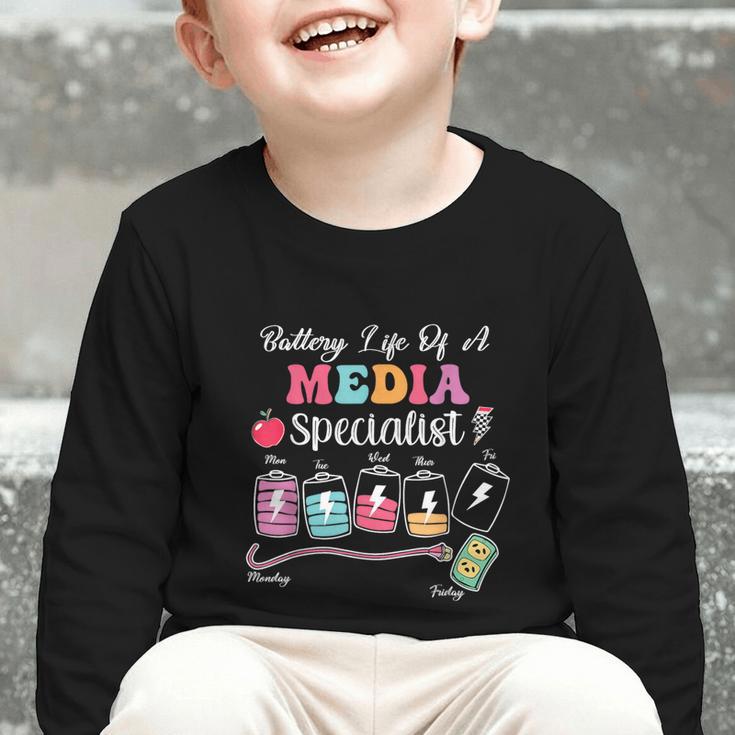 Battery Life Of A Media Specialist Back To School Graphic Toddler Long Sleeve Tee Battery Life Of A Media Specialist Back To School Graphic Toddler Long Sleeve Tee