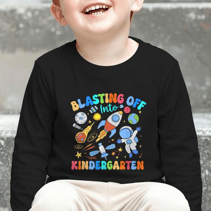 Blasting Off Into Kindergarten Back To School Boys Kid Graphic Toddler Long Sleeve Tee Blasting Off Into Kindergarten Back To School Boys Kid Graphic Toddler Long Sleeve Tee