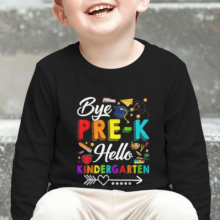 Bye Pre-K Hello Kindergarten Students Pupils Back To School Graphic Toddler Long Sleeve Tee Bye Pre-K Hello Kindergarten Students Pupils Back To School Graphic Toddler Long Sleeve Tee