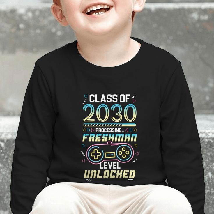 Class 2030 Gaming Freshman Level Unlocked Back To School Graphic Toddler Long Sleeve Tee Class 2030 Gaming Freshman Level Unlocked Back To School Graphic Toddler Long Sleeve Tee