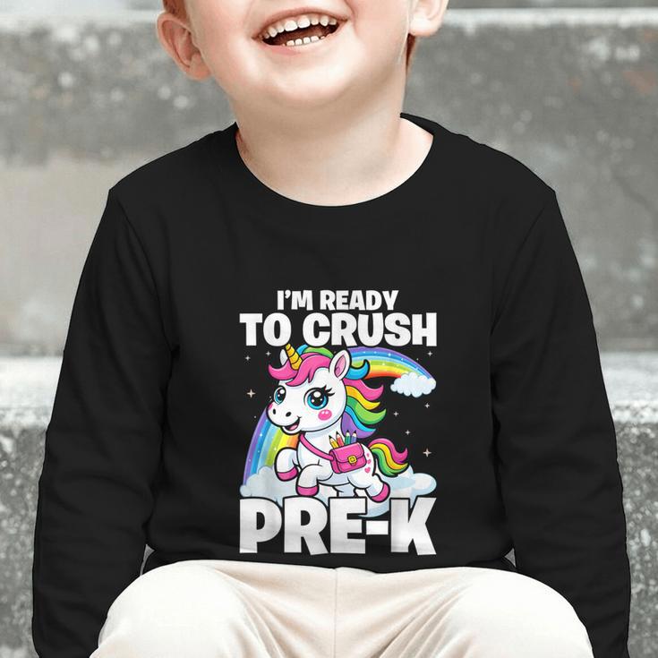 Crush Pre-K Girls Back To School Unicorn First Day Preschool Graphic Toddler Long Sleeve Tee