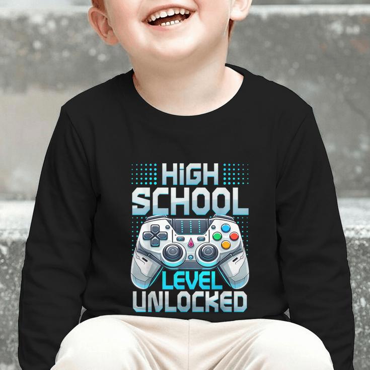 First Day Of High School Level Unlocked Back To School Gamer Graphic Toddler Long Sleeve Tee First Day Of High School Level Unlocked Back To School Gamer Graphic Toddler Long Sleeve Tee