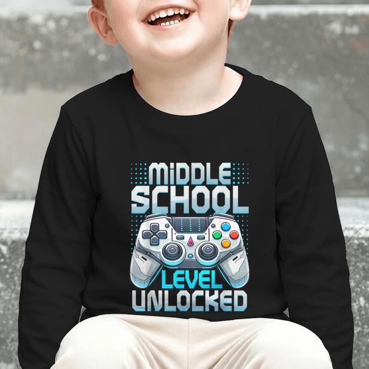First Day Of Middle School Level Unlocked Back To School Graphic Toddler Long Sleeve Tee First Day Of Middle School Level Unlocked Back To School Graphic Toddler Long Sleeve Tee