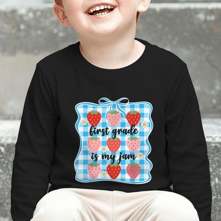 First Grade Is My Jam Strawberry 1st Grade Back To School Graphic Toddler Long Sleeve Tee First Grade Is My Jam Strawberry 1st Grade Back To School Graphic Toddler Long Sleeve Tee