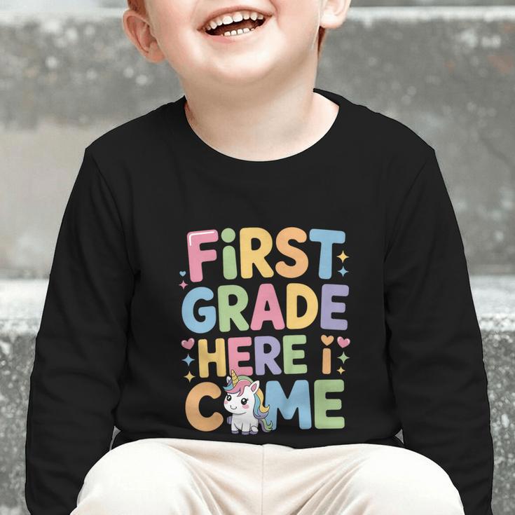 First Grade Here I Come Unicorn Back To School Graphic Toddler Long Sleeve Tee