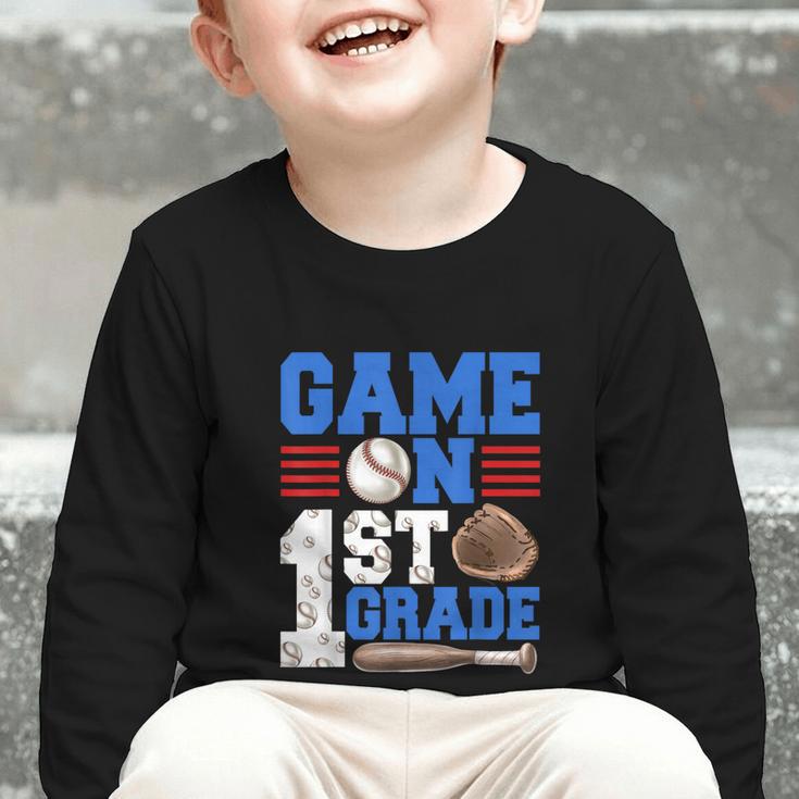 Game On First Grade Boy Baseball Back To School Graphic Toddler Long Sleeve Tee