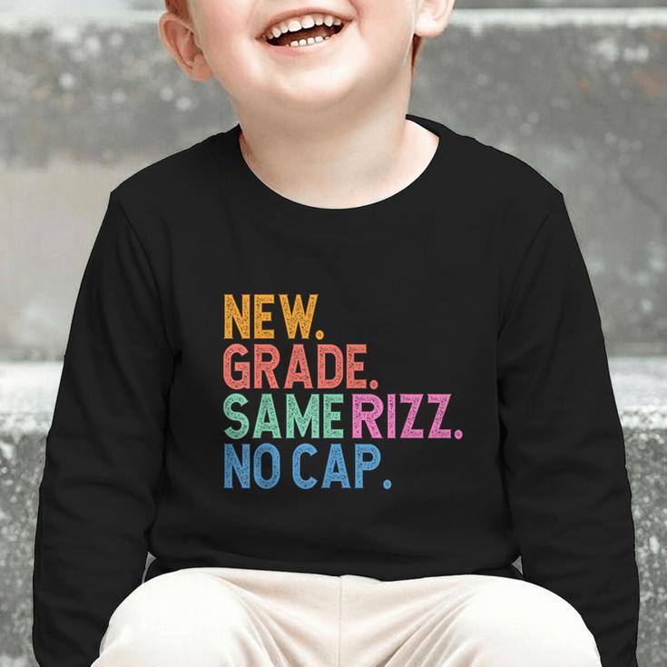 Gen Z Back To School New Grade Same Rizz No Cap Graphic Toddler Long Sleeve Tee Gen Z Back To School New Grade Same Rizz No Cap Graphic Toddler Long Sleeve Tee