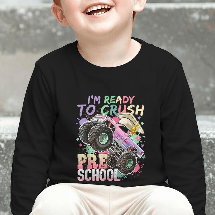Girls Monster Trucks Ready To Crush Preschool Back To School Graphic Toddler Long Sleeve Tee