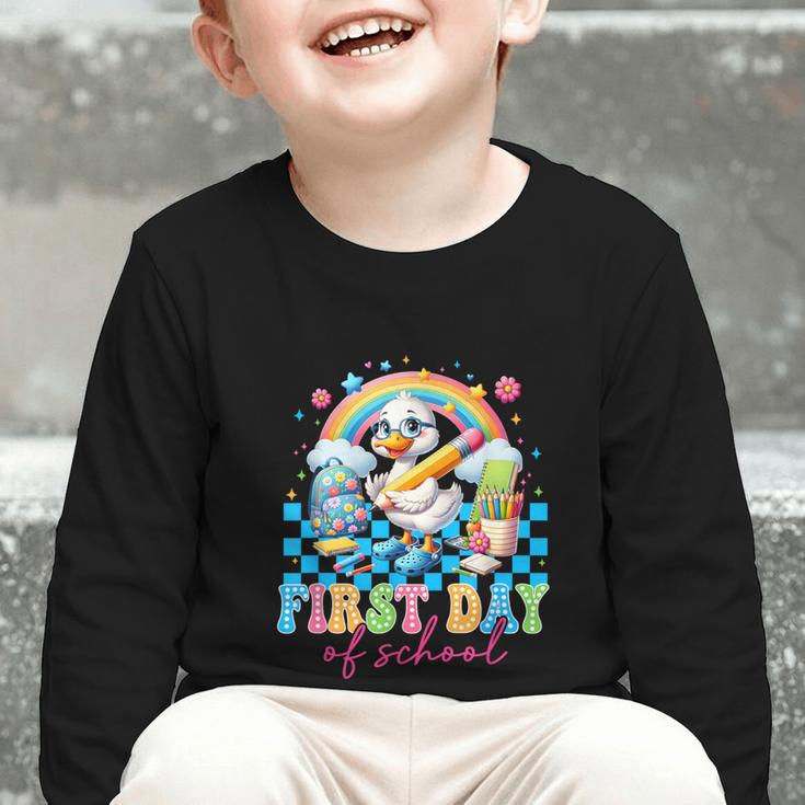 Happy First Day Of School Goose Cute Duck Back To School Graphic Toddler Long Sleeve Tee