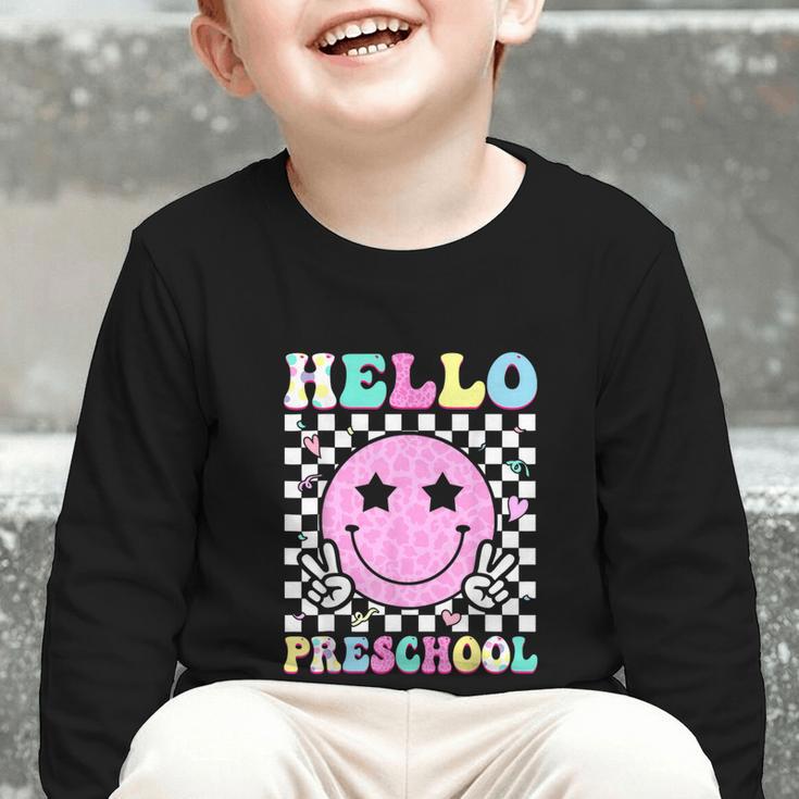 Hello Preschool Groovy Back To School Pre-K Team Girls Kids Graphic Toddler Long Sleeve Tee Hello Preschool Groovy Back To School Pre-K Team Girls Kids Graphic Toddler Long Sleeve Tee