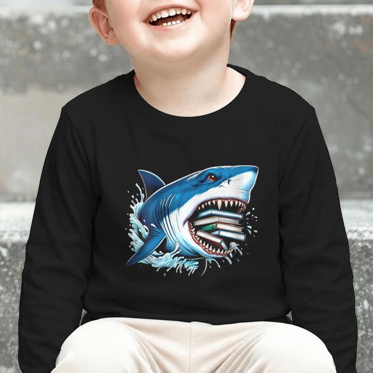Kids Shark With School Books Back To School Shark Lovers Graphic Toddler Long Sleeve Tee Kids Shark With School Books Back To School Shark Lovers Graphic Toddler Long Sleeve Tee