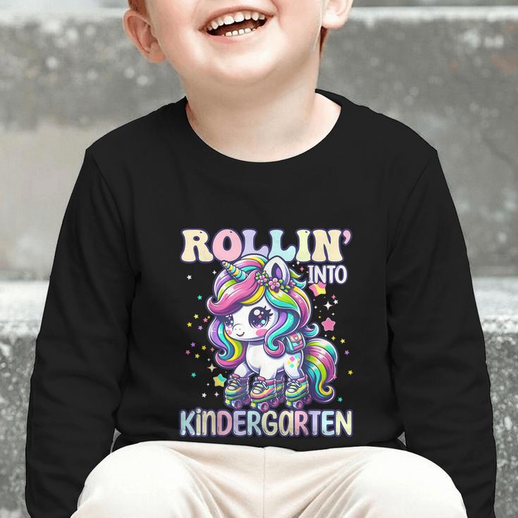 Kindergarten Back To School First Day Girls Rollin Unicorn Graphic Toddler Long Sleeve Tee Kindergarten Back To School First Day Girls Rollin Unicorn Graphic Toddler Long Sleeve Tee