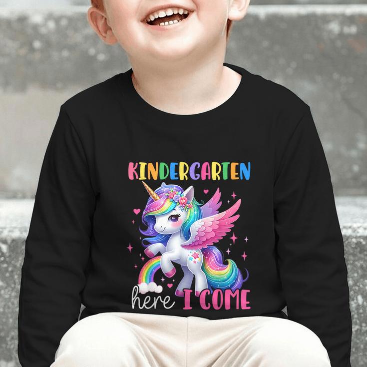 Kindergarten Here I Come Unicorn Girls Kids Back To School Graphic Toddler Long Sleeve Tee Kindergarten Here I Come Unicorn Girls Kids Back To School Graphic Toddler Long Sleeve Tee