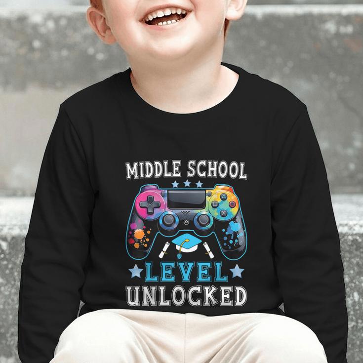 Middle School Level Unlocked Gamer First Day Back To School Graphic Toddler Long Sleeve Tee Middle School Level Unlocked Gamer First Day Back To School Graphic Toddler Long Sleeve Tee