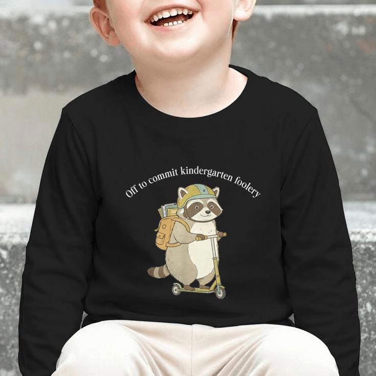 Off To Commit Kindergarten Foolery Raccoon Back To School Graphic Toddler Long Sleeve Tee