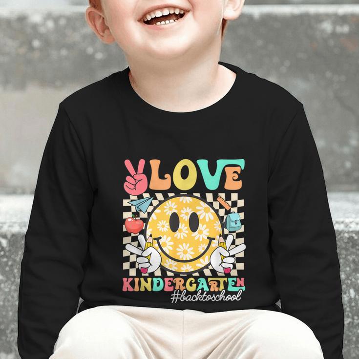 Peace Love Kindergarten Smile Face Back To School Girls Kids Graphic Toddler Long Sleeve Tee Peace Love Kindergarten Smile Face Back To School Girls Kids Graphic Toddler Long Sleeve Tee