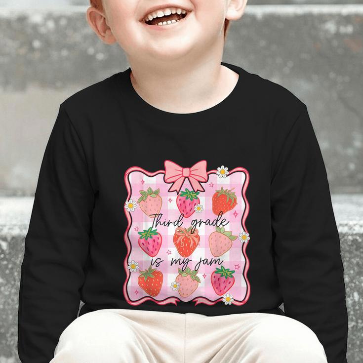 Preppy Back To School 3rd Grade Is My Jam Strawberry Bow Graphic Toddler Long Sleeve Tee