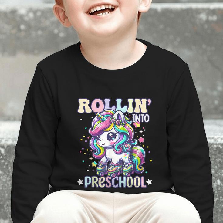 Preschool Back To School First Day Girls PreK Rollin Unicorn Graphic Toddler Long Sleeve Tee