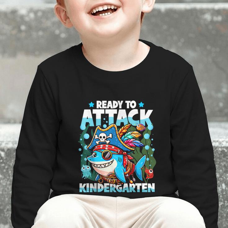 Ready To Attack Kindergarten Pirate Shark Back To School Graphic Toddler Long Sleeve Tee Ready To Attack Kindergarten Pirate Shark Back To School Graphic Toddler Long Sleeve Tee