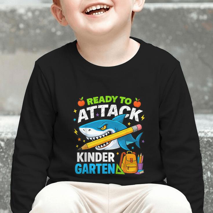 Ready To Attack Kindergarten Shark Back To School Kids Graphic Toddler Long Sleeve Tee Ready To Attack Kindergarten Shark Back To School Kids Graphic Toddler Long Sleeve Tee