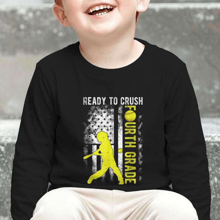 Ready To Crush Fourth Grade Softball USA Flag Back To School Graphic Toddler Long Sleeve Tee