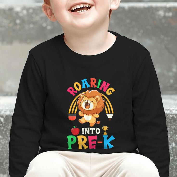 Roaring Into Pre-Kindergarten Lion Pre K Back To School Graphic Toddler Long Sleeve Tee