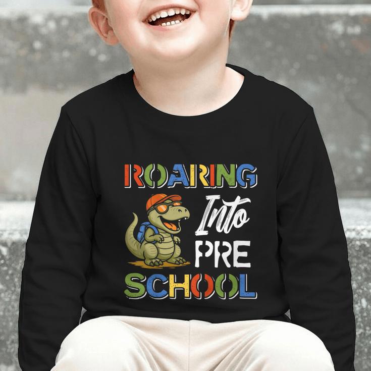 Roaring Into Preschool First Day Back To School Students Graphic Toddler Long Sleeve Tee