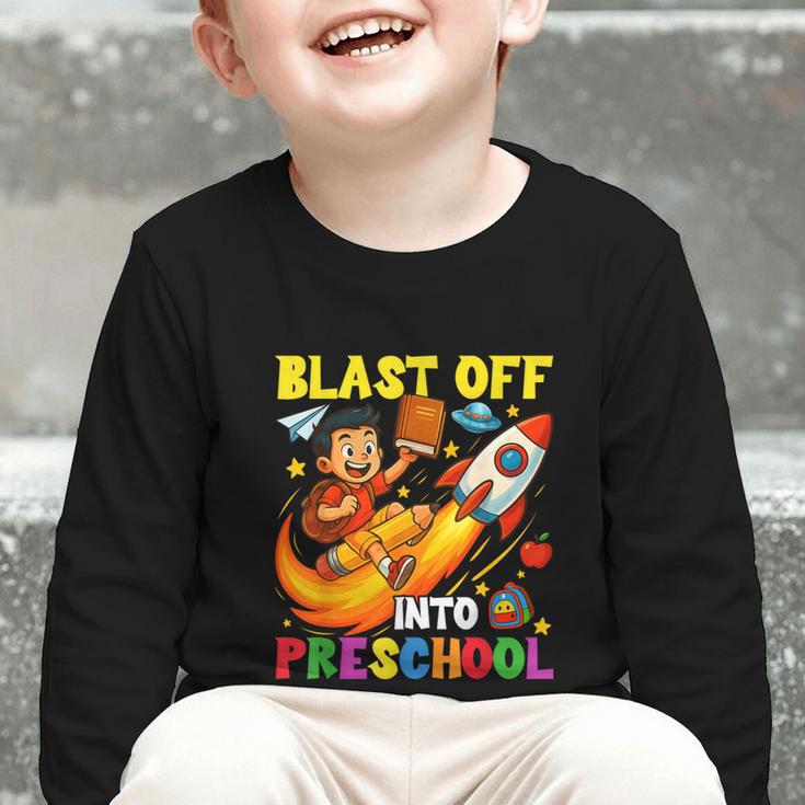 Rocket Blast Off Into Preschool Back To School Graphic Toddler Long Sleeve Tee Rocket Blast Off Into Preschool Back To School Graphic Toddler Long Sleeve Tee