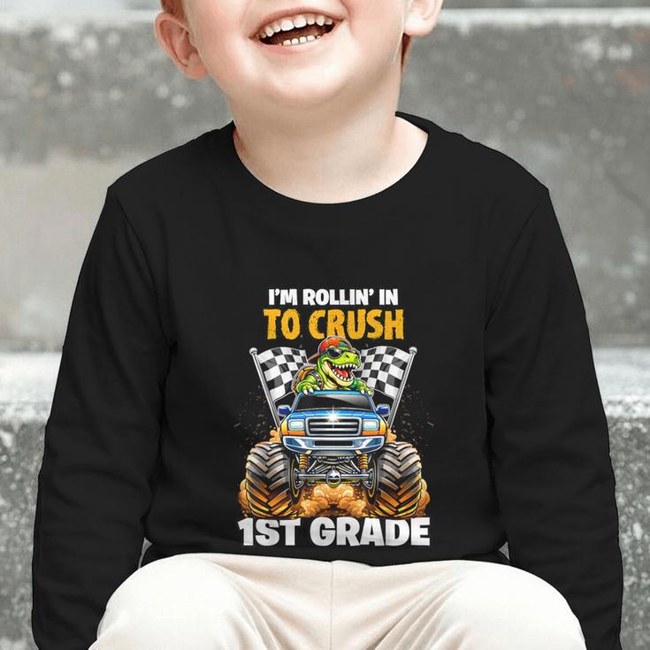 Rollin Crush Dinosaur Monster Truck Back To School 1st Grade Graphic Toddler Long Sleeve Tee