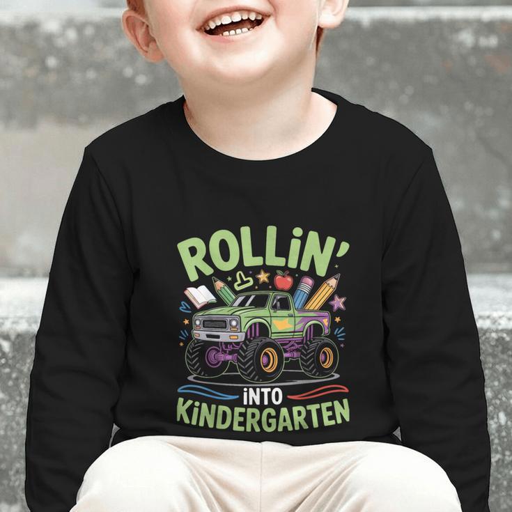 Rollin Into Kindergarten Monster Truck Back To School Graphic Toddler Long Sleeve Tee Rollin Into Kindergarten Monster Truck Back To School Graphic Toddler Long Sleeve Tee