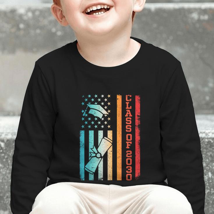 Vintage Class Of 2030 Graduation Back To School USA Flag Graphic Toddler Long Sleeve Tee Vintage Class Of 2030 Graduation Back To School USA Flag Graphic Toddler Long Sleeve Tee