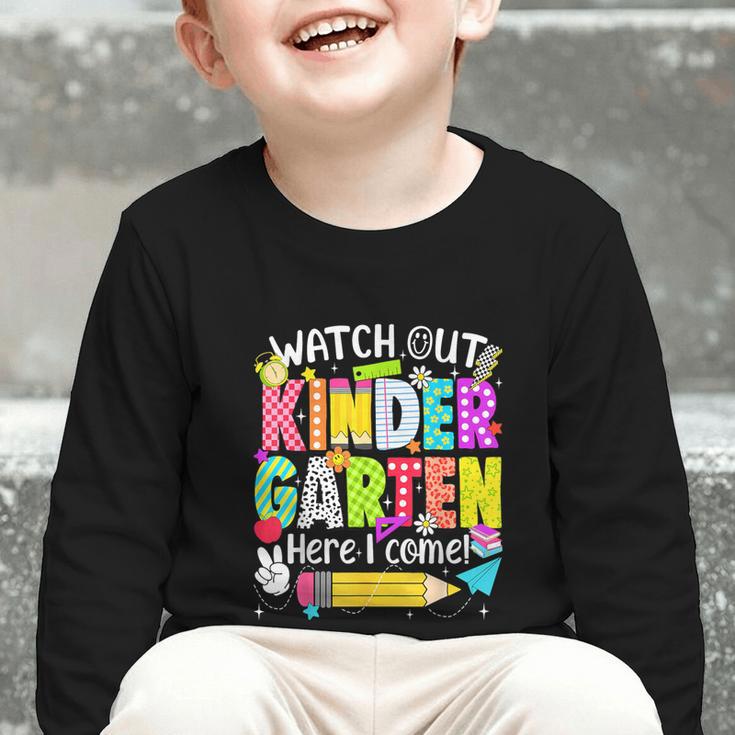 Watch Out Kindergarten Here I Come Kinder Back To School Graphic Toddler Long Sleeve Tee Watch Out Kindergarten Here I Come Kinder Back To School Graphic Toddler Long Sleeve Tee