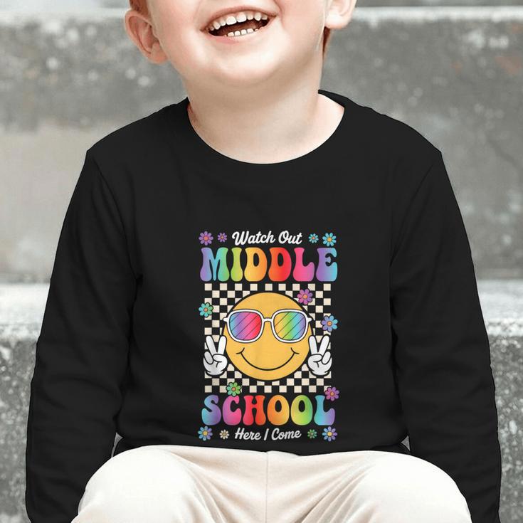 Watch Out Middle School Here I Come Back To School Student Graphic Toddler Long Sleeve Tee Watch Out Middle School Here I Come Back To School Student Graphic Toddler Long Sleeve Tee