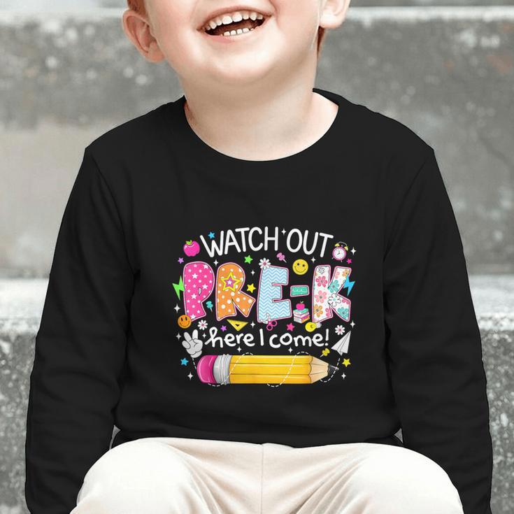 Watch Out Pre-K Here I Come Back To School Boy Girl Kids Graphic Toddler Long Sleeve Tee