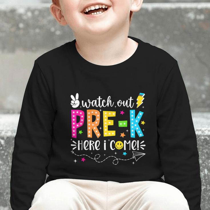 Watch Out Pre-K Here I Come Back To School Boys Girls Kids Graphic Toddler Long Sleeve Tee Watch Out Pre-K Here I Come Back To School Boys Girls Kids Graphic Toddler Long Sleeve Tee