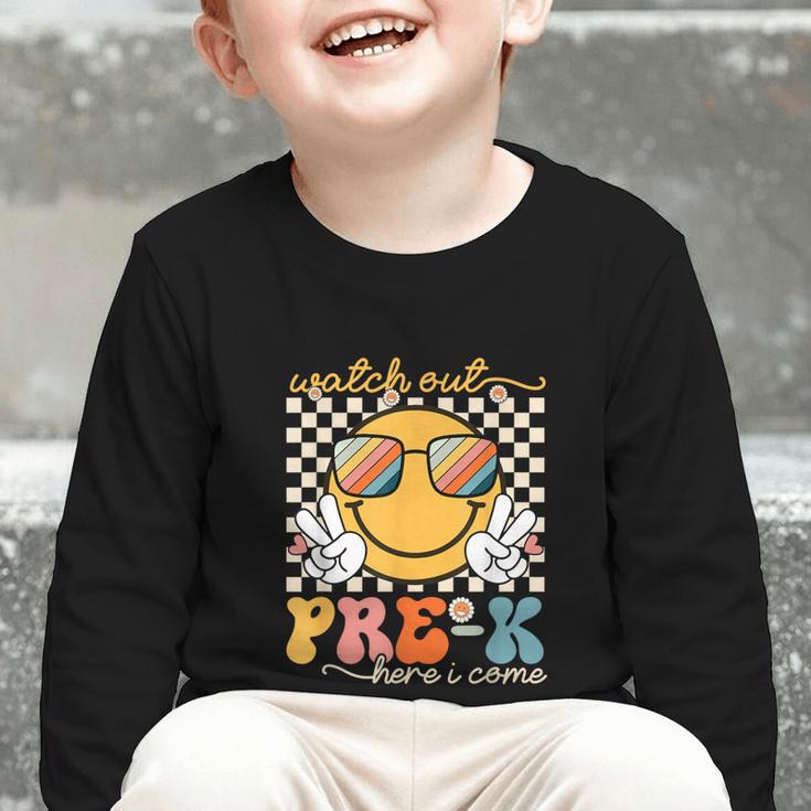 Watch Out Pre-K Grade Here I Come Back To School Pre-K Smile Graphic Toddler Long Sleeve Tee