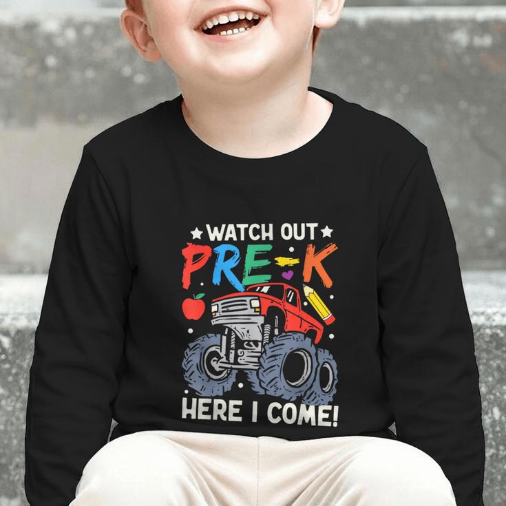 Watch Out Pre-K Here I Come Monster Truck Back To School Graphic Toddler Long Sleeve Tee Watch Out Pre-K Here I Come Monster Truck Back To School Graphic Toddler Long Sleeve Tee