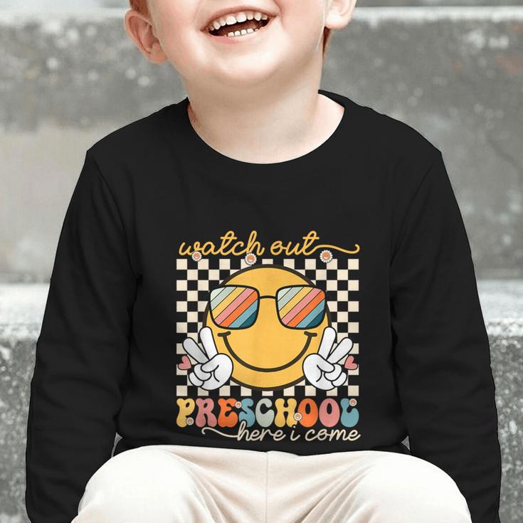 Watch Out Preschool Grade Here I Come Back To School Graphic Toddler Long Sleeve Tee