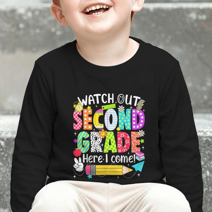 Watch Out Second Grade Here I Come Back To School Boys Girls Graphic Toddler Long Sleeve Tee