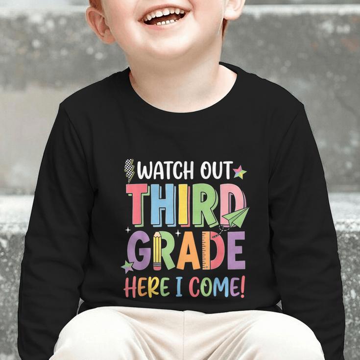 Watch Out Third Grade Here I Come Back To School 3rd Grade Graphic Toddler Long Sleeve Tee Watch Out Third Grade Here I Come Back To School 3rd Grade Graphic Toddler Long Sleeve Tee